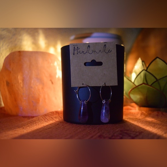 Handmade Amethyst Raindrop Hoop Earrings - All NATURAL Gemstones - Nickel Free - Picture 1 of 4